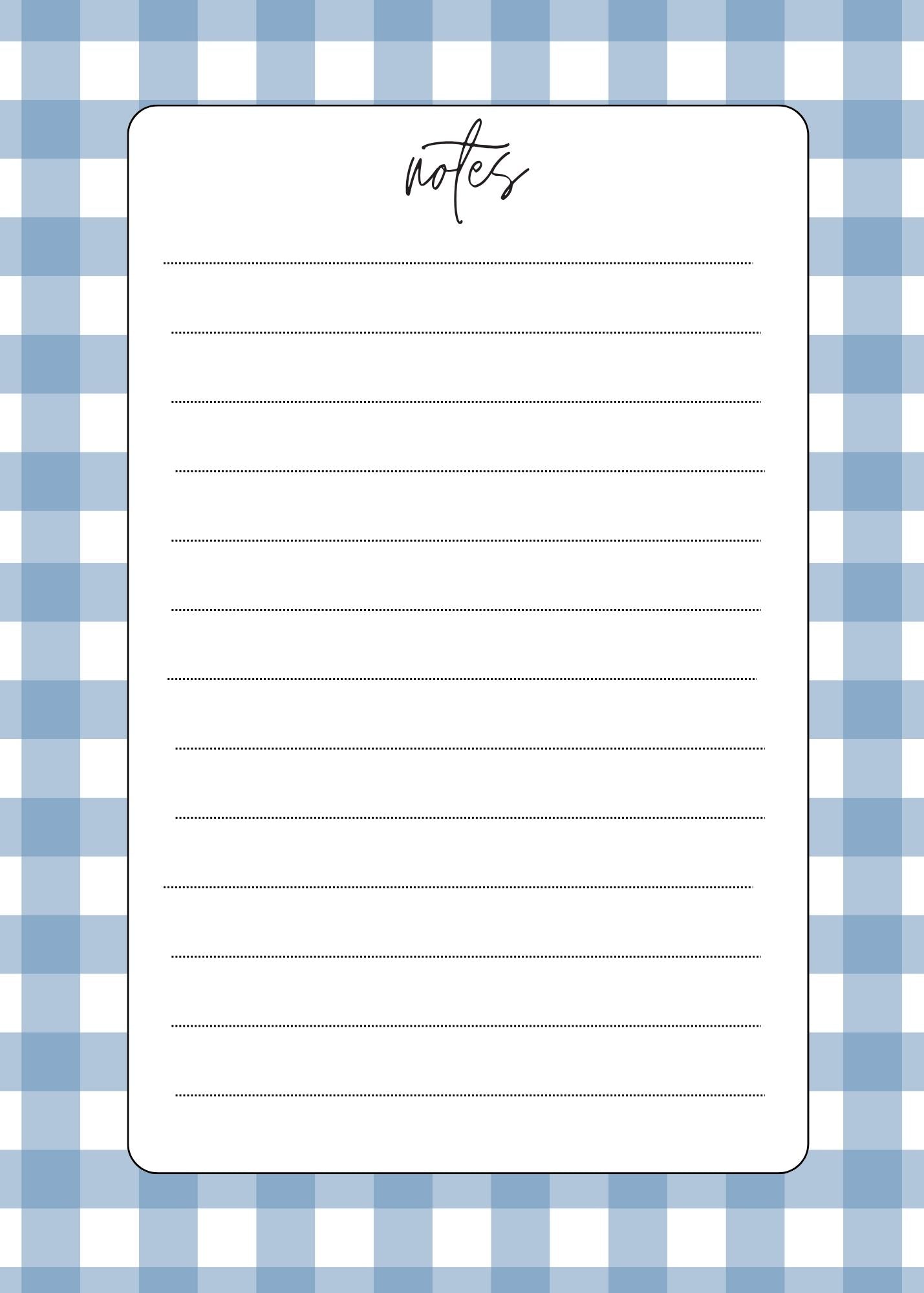 Blue Gingham Notes Notepad featuring a soft dusty blue and white gingham border with a handwritten notes header and clean lined writing area on white