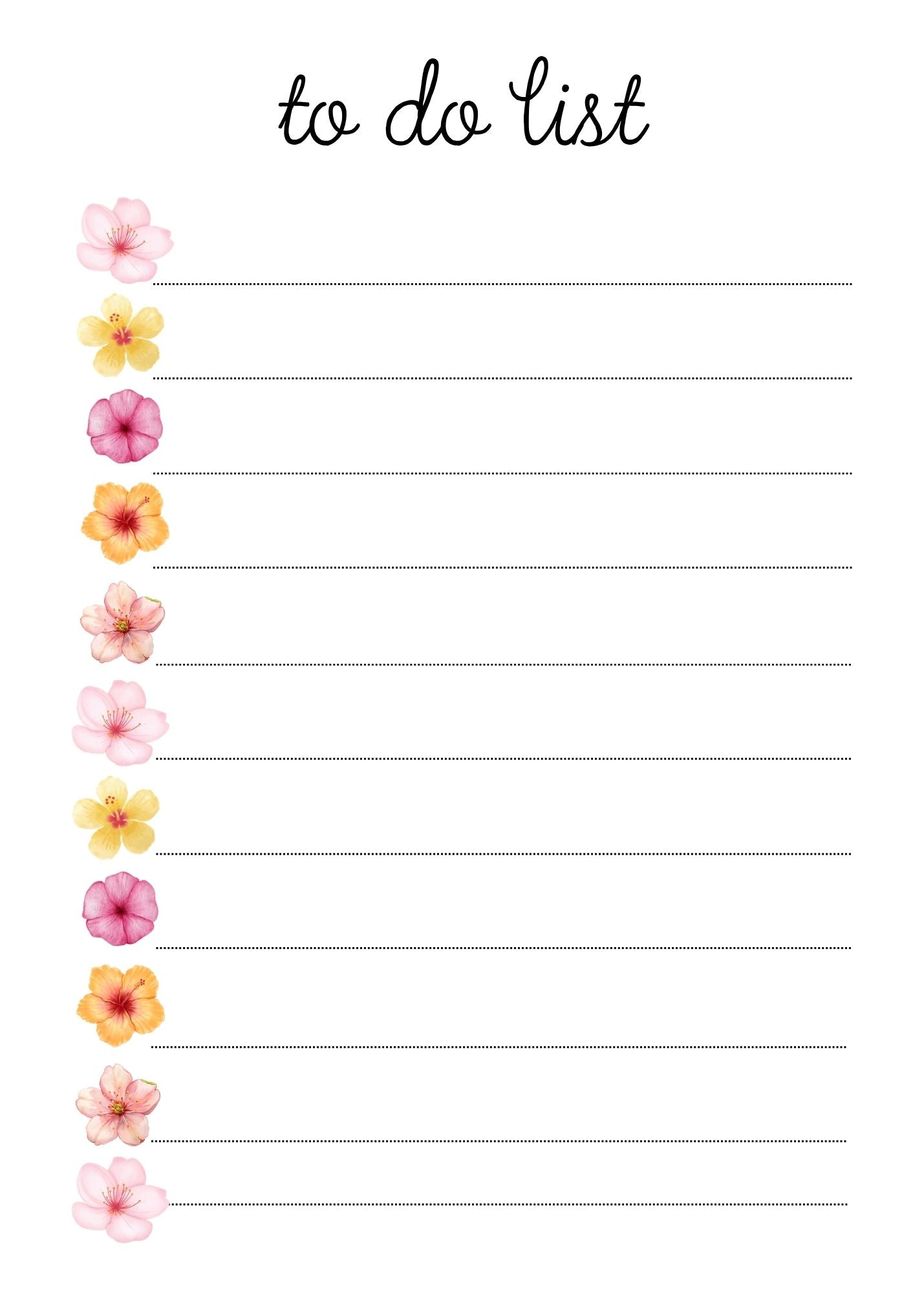 Floral To Do List Notepad with bold handwritten to do list header and individual watercolour flowers in blush, yellow, magenta, peach and coral marking each dotted line on white